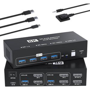 Kvm Switch 1 Monitors 2 Computers 8K@60HZ，4K@120HZ，4 Port USB3.0（with 1 USB C,displayport kvm switches,dp kvm Switch 2 Computers 1 Monitor,Supports Multiple Operating Systems.