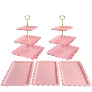 5 Pcs Cupcake Stand Set - Pink Plastic Dessert Table Display Set, 2x Pink Square 3 Tier Cupcake Display Stands Cookie Tray Rack Serving Tower & 3x 14 in Plastic Trays for Wedding Baby Shower Tea Party