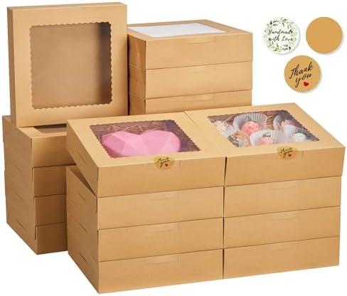 Kootek 24pcs Cookie Boxes with Window, 10 x 10 x 2.5 Inches Treat Pastry Bakery Boxes for Dessert, Chocolate Covered Strawberries, Cupcakes, Donuts, Baked Goods (Brown)