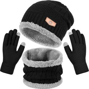 Winter Beanie Hat Scarf and Gloves Set For Men WomenWarm Beanie Hat Soft Neck Scarf and Touch Screen Gloves for Cold Weather (Black)