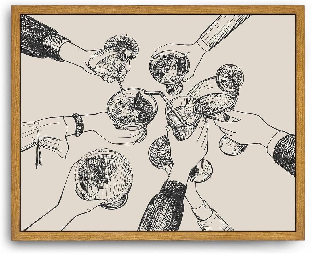 Roslynity Framed Canvas Wall Art Vintage Print Paintings Cheers Sign Friends Clinking Drinks Glasses Cocktails Retro Aesthetic Artwork for Home Living Room Bar Cart Kitchen Wall Decor (8"x10")