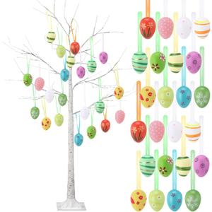 Aurelema 4 ft Easter White Birch Tree with 48 LED Lights, USB Powered Timer, 24 Hanging Easter Egg Ornaments, Tabletop Artificial Tree for Indoor Outdoor Spring Home Decor(Classic)