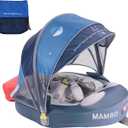Mambobaby Non-Inflatable Baby Pool Float with Canopy, 3-24 Months | Signature blue penguin design with UPF 50+ sun shade, 5-point harness, and anti-flip support for stable water play
