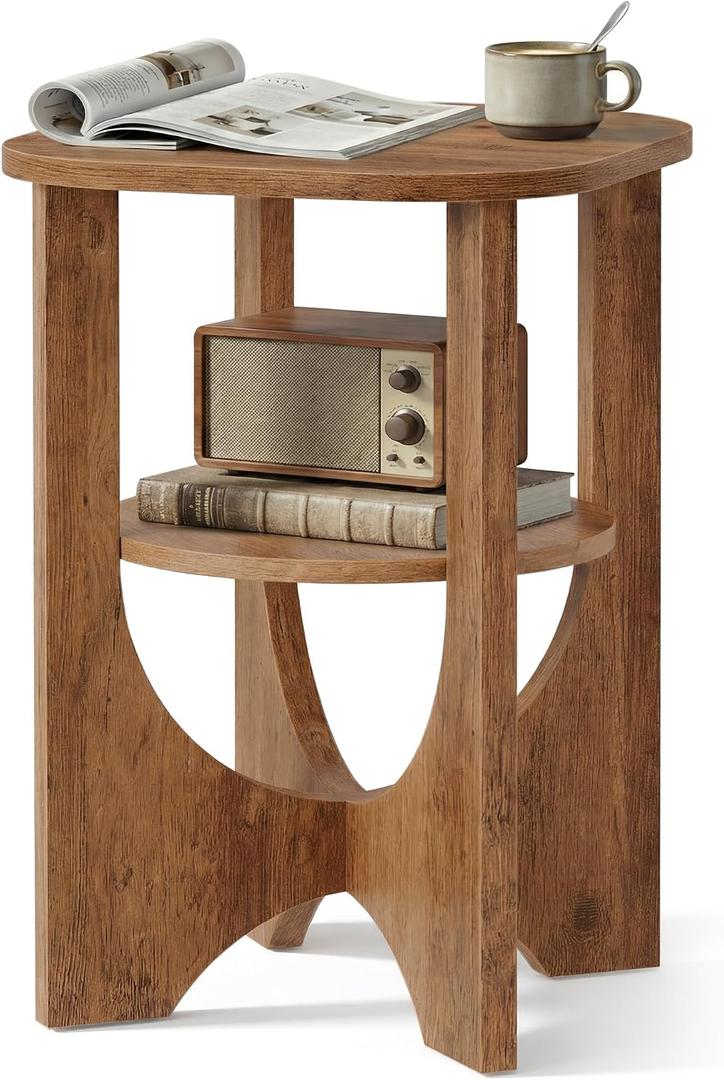 VASAGLE Side Table, 2 Tier Small Accent End Table, Nightstand with Lower Shelf for Small Spaces, Living Room, Bedroom, Honey Brown ULET233M101S, Round