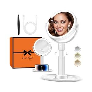 B Beauty Planet Vanity Mirror with Lights, 30X Magnifying Makeup Mirror with 3 Lighting and Adjustable Brightness, Rechargeable 2-Sided Height Adjustable Desk Mirror for Bathroom, Women Gifts for Mom, White