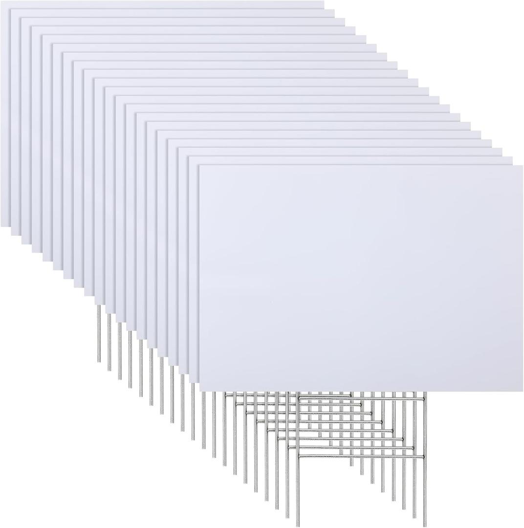 Leinuosen 20 Sets Corrugated Plastic Signs 24 x 36 Inch Blank Yard Signs with H Stakes White Corrugated Sale Sign Sheet Poster Board for Party Decorations Open Business Garage Rent House Estate Sale