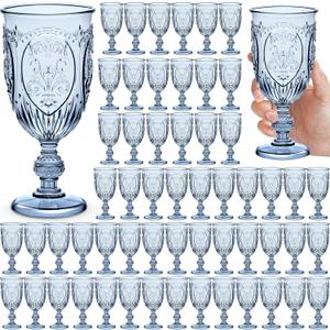 60 Pack Plastic Goblets 10oz Upgrade Vintage Water Goblet Plastic Glasses Colored Retro Embossed Glassware for Party Bar Juice Baby Shower Wedding Reception Grand (Blue)