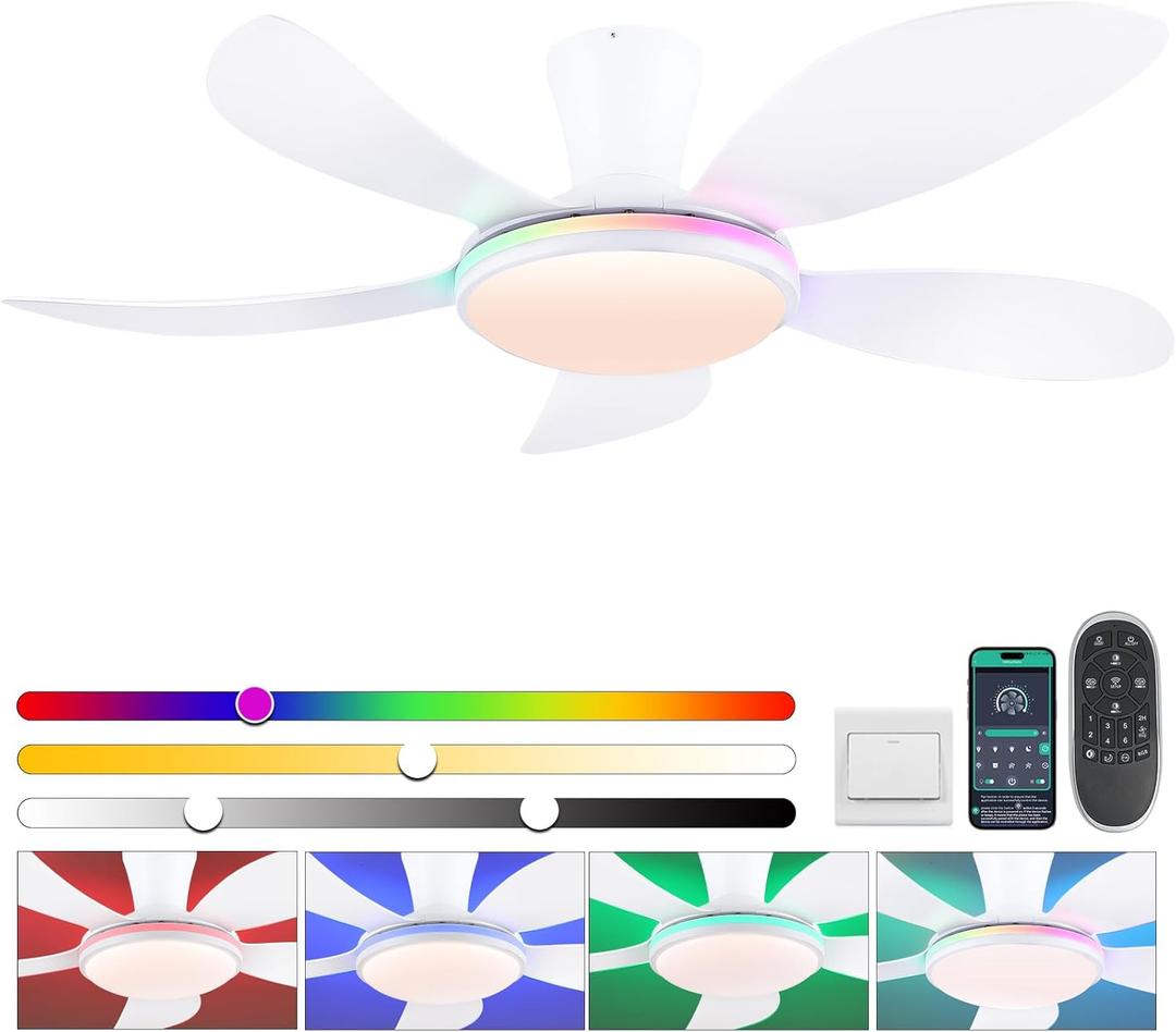 PHORUS RGB Ceiling Fans with Lights and Remote/APP,48" White Low Profile Ceiling Fans with Quiet Reversible DC Motor, Modern Flush Mount Fans Light with 3 Colors 6 Speeds