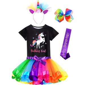 Doctor Unicorn Birthday Girls Unicorn Costume Outfit Rainbow Tutu, Unicorn T-shirt, Satin Sash, Hair Bow & Headband Rainbow/Black Unicorn Shirt, 4-5 Years