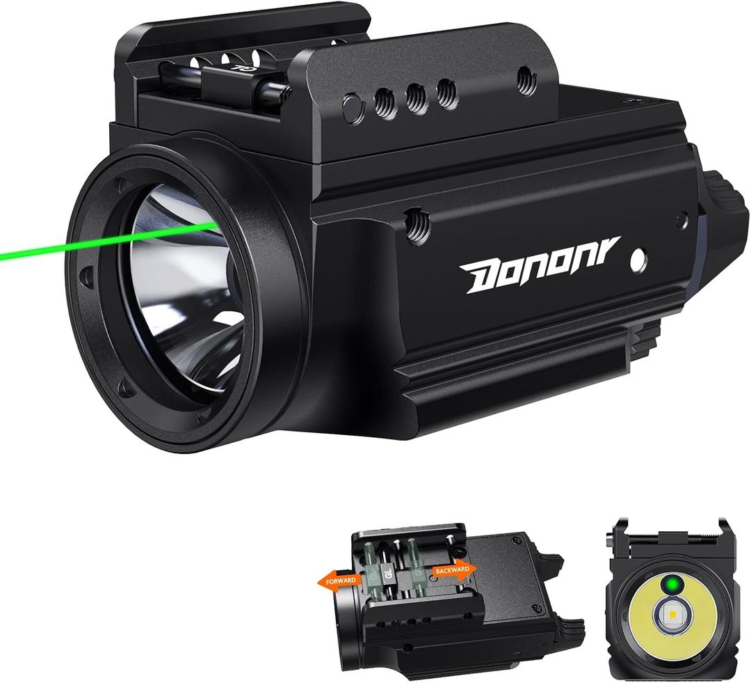 1000 Lumens Pistol Light Green Beam Combo, Strobe Memory Function Compact Weapon Light with Adjustable Picatinny or GL Rail, USB Rechargeable Aluminum Tactical Flashlight, Battery Included (Matte Black)