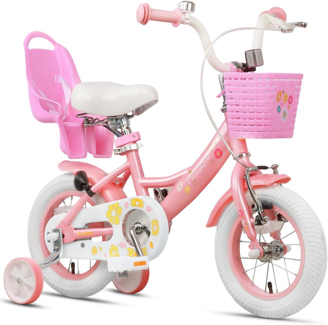 Glerc Maggie Girls Bike, 12-20 Inch Kids Bike for 2-13 Years Old Children, Princess Style Kids Bicycle with Doll-Seat & Basket & Training Wheels, Multiple Colors