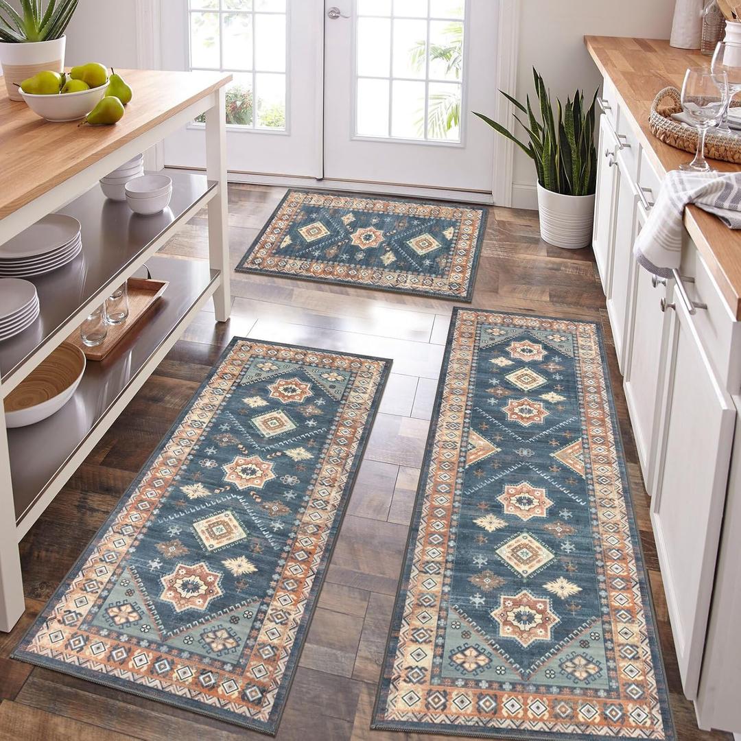 HEBE Boho Kitchen Rug Sets 3 Piece with Runner Non Slip Kitchen Rugs and Mats Washable Kitchen Mats for Floor Thick Kitchen Floor Mat Carpet Runner Rugs for Hallway Laundry Holiday Decor (20"x32"+20"x48"+20"x59", Blue/Coffee)