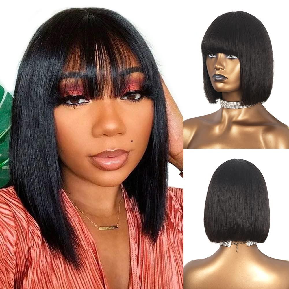 12 Inches Blunt Cut Bob Wigs For Black Women Human Hair Wigs With Bangs and Natural Scalp Top, Adequate 150% Density Natural Color Short Bob Wigs With Bangs