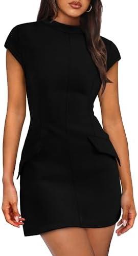 OFEEFAN Womens Summer Dress Mock Neck Short Sleeve Bodycon Party Club Mini Dresses M