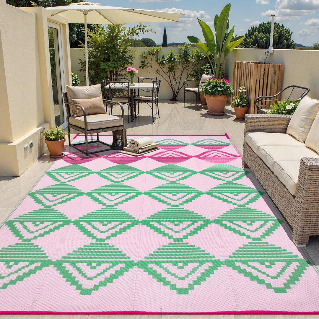 Lahome Waterproof Outdoor Patio Rug 9x12, Reversible Large Outdoor Rug for Patios, Camping Rugs for RV Backyard Deck Picnic Beach Trailer (Pink/Green, 9' x 12')