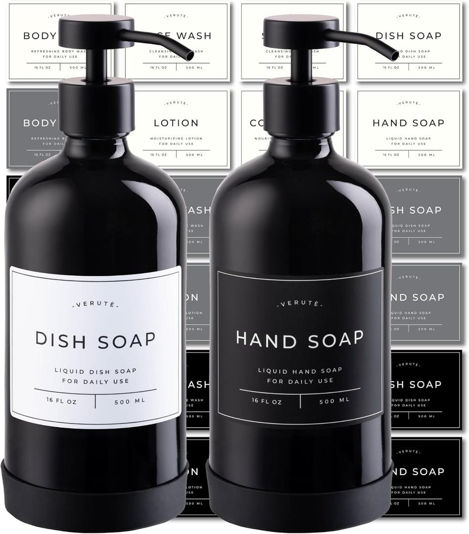Hand and Dish Soap Dispenser for Kitchen and Bathroom, Set of 2 16 Oz Glass Bottles, Stainless Steel Pumps, Non-Slip Silicone Base, 27 Waterproof Labels (Gloss Black Bottle/Black Pump)