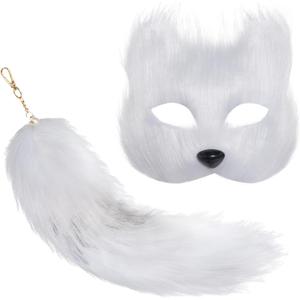 Yookat Faux Fox Masquerade Mask and Fox Tail Artificial Fox Face Mask Cat Masquerade Mask for Halloween Mardi Gras Cosplay (White)