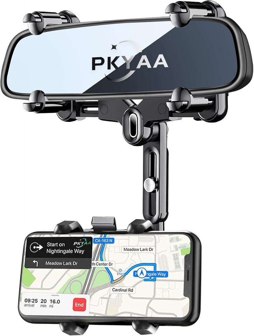 PKYAA Rearview Mirror Phone Holder for Car, 360 Rotating Rear View Mount with Adjustable Arm Length, Upgraded Four Corners Fixed Anti-Shake Multifunctional Design for All Smartphones