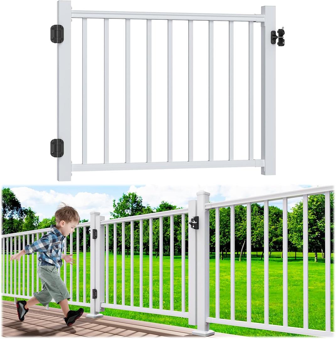 4 ft. W Aluminum Deck Gate Kit for 36". H Railing, Cuttable White Textured Powder-Coat Finish Outdoor Gate Kit with Latch and Auto-Closing Hinge for Deck, Patio, Garden, Yard, Porch
