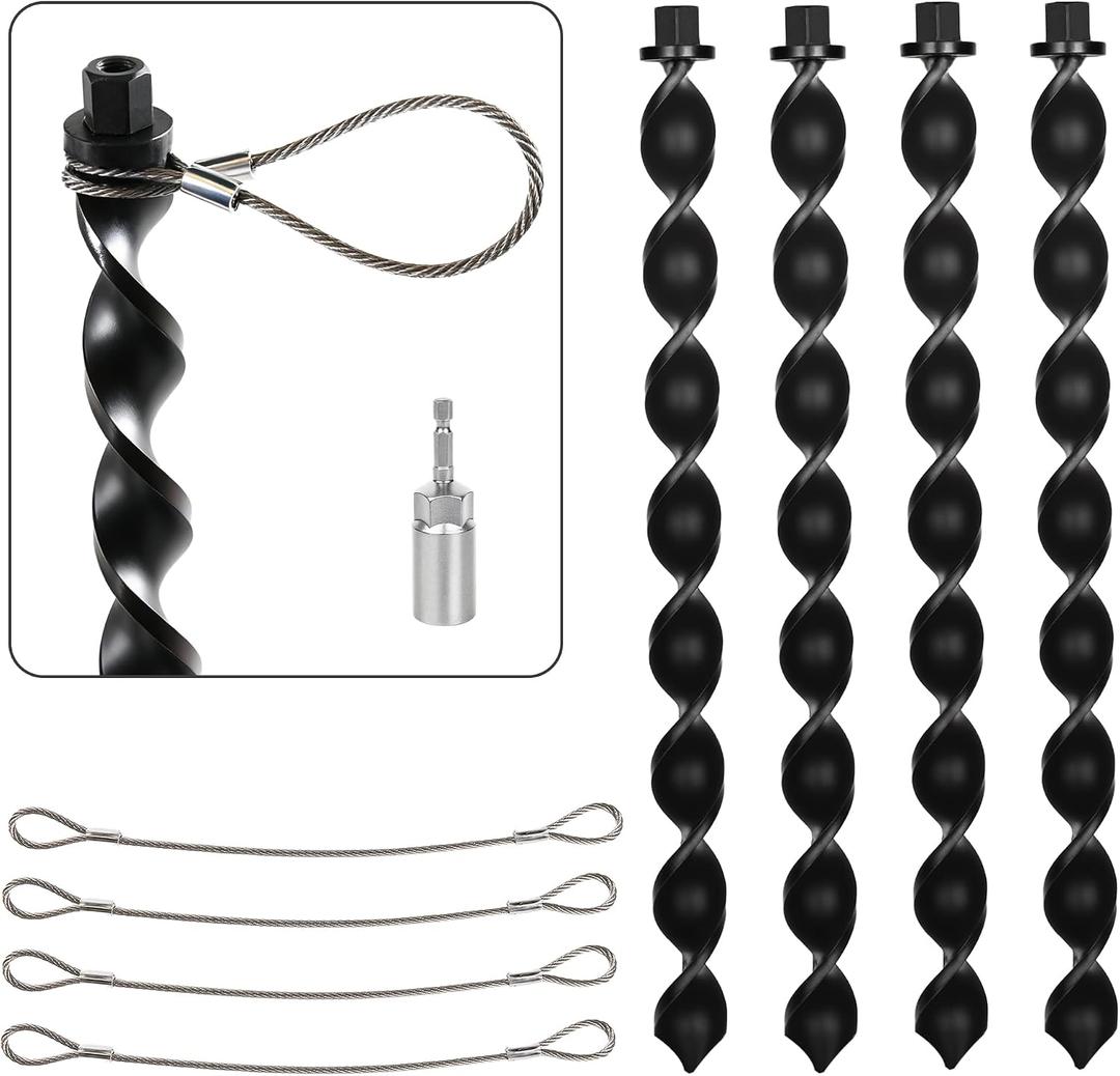16.5" Ground Anchors Screw in with Power Nut Driver Drill Bit, 4 Pack Heavy Duty Spiral Trampoline Stakes Anchors High Wind with Steel Cable, Earth Anchors for Trampoline