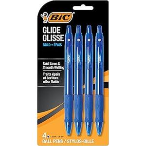 6 x BIC Glide Bold Blue Ballpoint Pens, Bold Point (1.6mm), 4-Count Pack, Retractable Ballpoint Pens With Comfortable Full Grip
