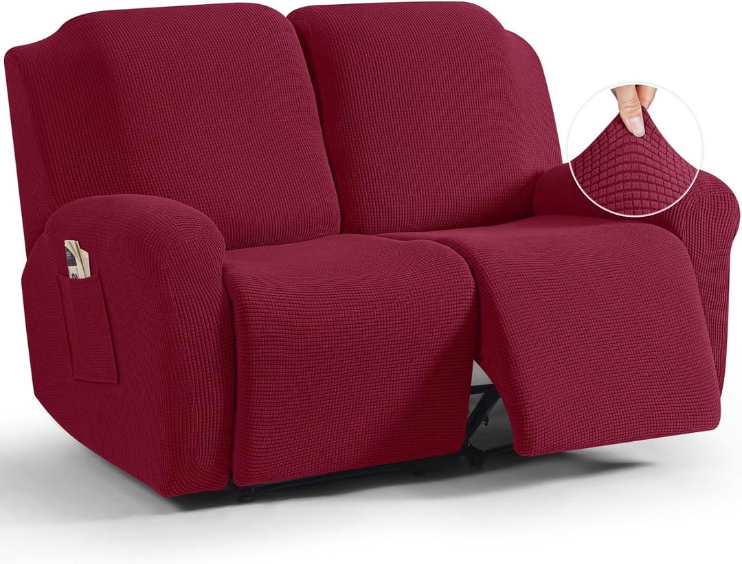 TAOCOCO Recliner Loveseat Slipcover, 6 Pieces Dual Recliner Sofa Covers for 2 Seat Dual Reclining Loveseat Couch, Stretch Soft Jacquard Pattern Furniture Protector with Elasticity (Burgundy)