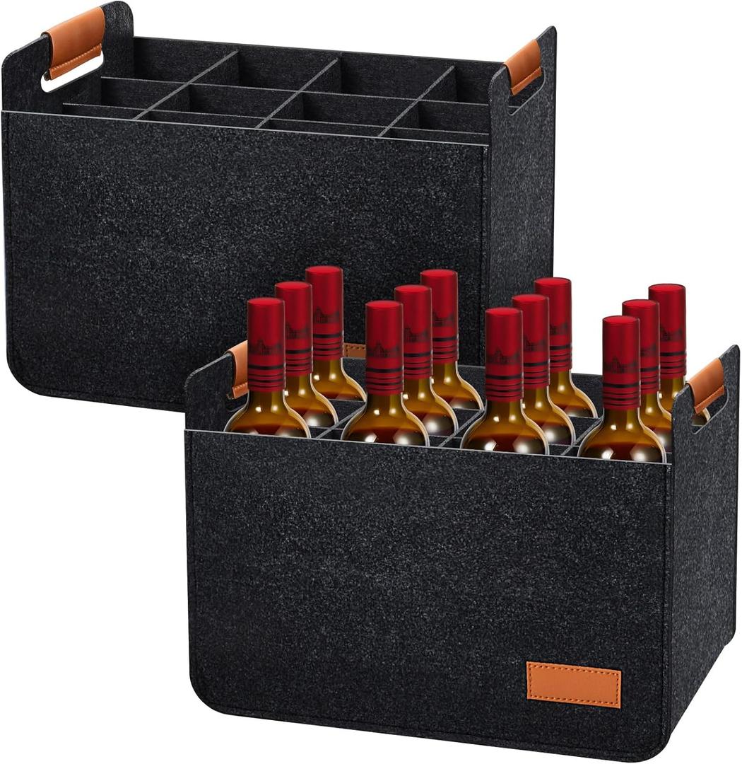 Peryiter 2 Pcs 12 Bottles Wine Carrier Tote 14.6 x 12.6 x 10.6 Inch Insulated Thermal Padded Wine Tote Bag Reusable Glasses Liquor Bottle Storage Collapsible Ratafia Travel Case for Party (Grey)