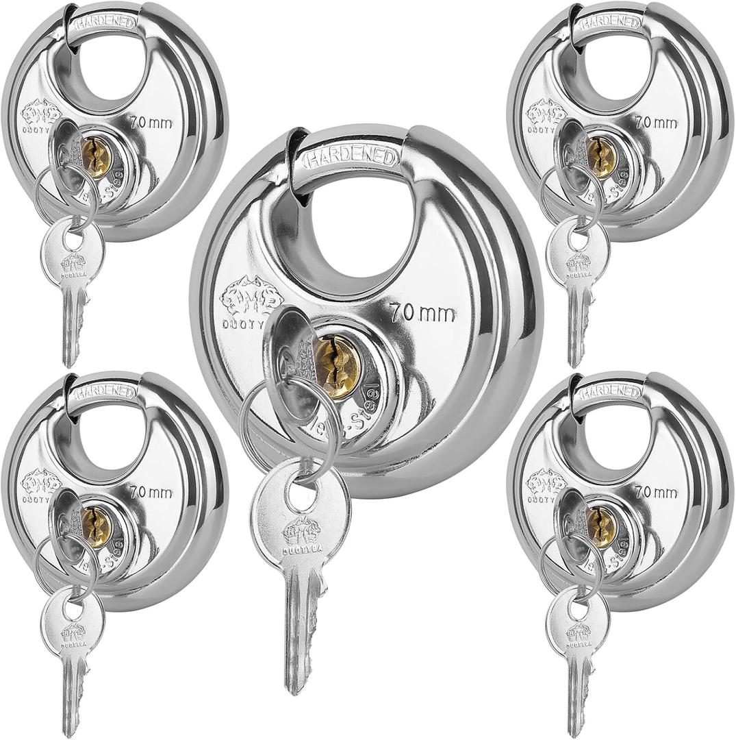 Discus Keyed Alike Padlock, 2-3/4 Inch Wide, Heavy Duty Stainless Steel Outdoor Disc Lock with Key for Storage Unit, Garages, Fence and Sheds, 5 Pack (Silver)