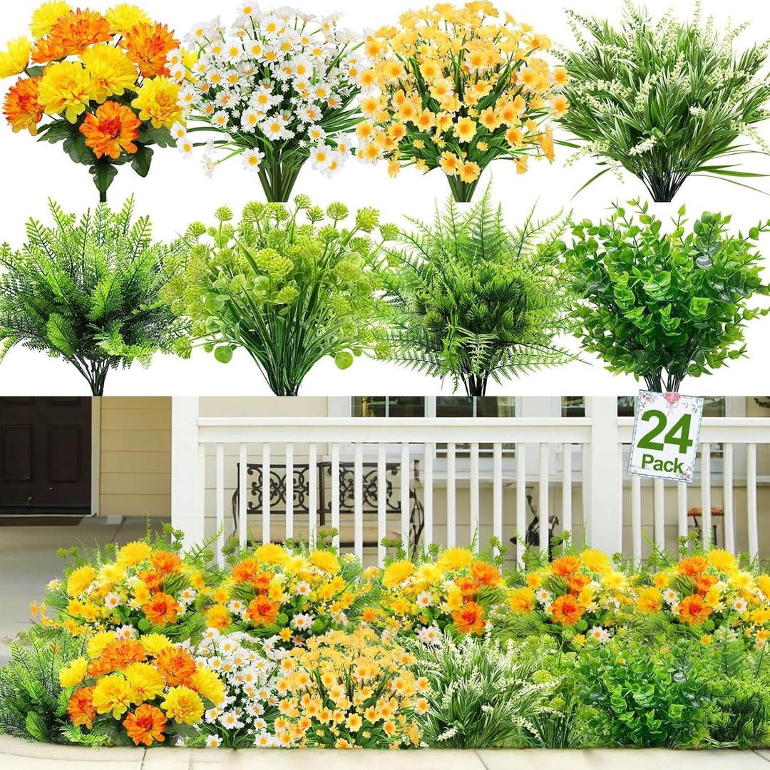 24 Bundles Artificial Flowers for Outdoors & Faux Plants UV Resistant Fake Silk Dahlia Daisy Fern Lavender Boxwood Shrub for Summer Gardens Porch Home Window Box Indoor Outdoor Cemetery Decor, Mixed