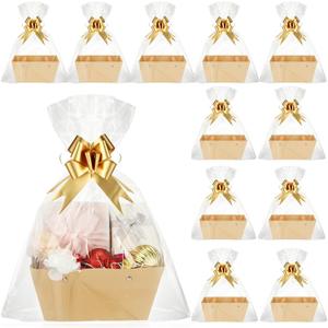 Colarr 12 Pack Baskets for Gifts Empty Bulk Kraft Empty Gift Basket Kit with Handle Wrap Bag Bow DIY Tray to Fill for Thanksgiving Wedding Bridal Shower Christmas Party, 9.8" x 6.5" x 4.3"(Gold)