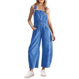 ReachMe Womens Casual Adjustable Bib Overalls Classic Wide Leg Jumpsuits Vintage Barrel Overalls Baggy Pants with Pockets (Medium, Denim Blue)