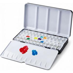 DUGATO Large Empty Watercolor Palette Tin with Lid - Holds 48 Half Pans (63 Included), 5 Fold-Out Mixing Areas - Metal Travel Box for Artists
