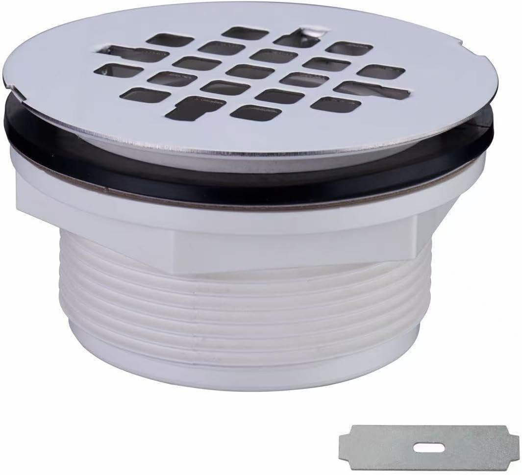 Brushed No Caulk Shower Drain, Hidrop PVC Compression Shower Floor Drain with 4-1/4" Stainless Steel Round Grid Strainer Cover, Brushed Nickel