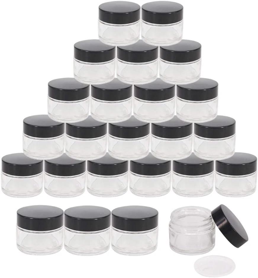24 Pack 2 Oz round Clear Glass Cosmetic Jars with Inner Liners and Black Lids, T