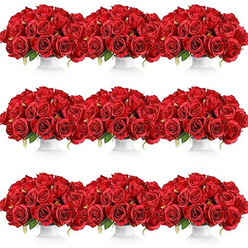 Jexine 120 Pcs Artificial Rose Flowers Bouquet Bulk Silk Realistic Fake Flowers for Wedding Anniversary Bridal Bouquet DIY Floral Arrangement Romantic Home Decor Gifts(Red)