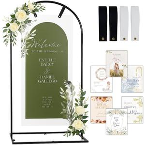 Welcome Sign Stand, Adjustable Sign Holder Stand w/ Poster Design Templates & Leather Straps, Heavy Duty Metal Easel for Wedding, Bridal Shower, Birthday Party, Baby Shower, 68" x 30" x 20"
