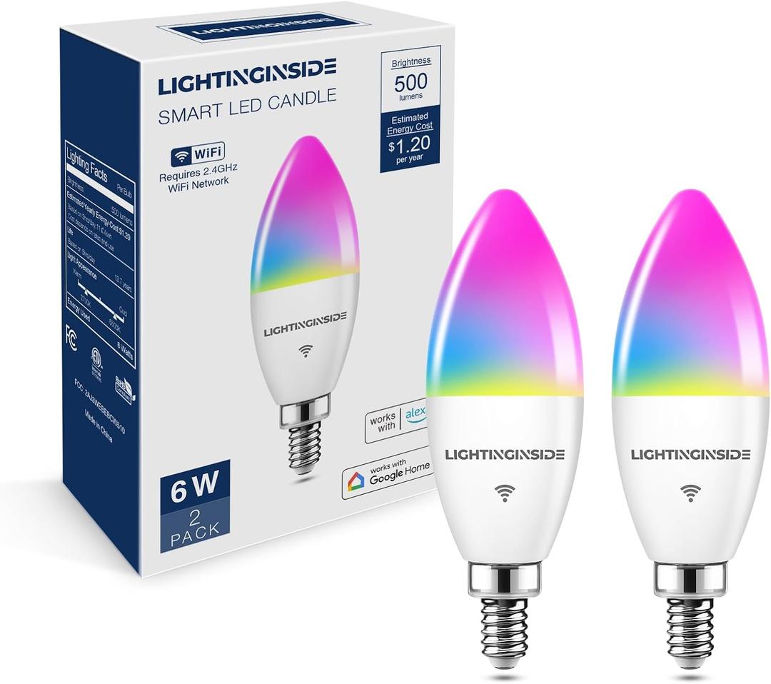 Lightinginside E12 Smart Light Bulbs 60W Equiv., Work with Alexa/Google Home/Smart Life, 500LM 6W RGBCW Candle Candelabra LED Light Bulbs, No Hub Required, 2.4G WiFi Bluetooth Bulb, ETL Listed, 2PCS (Multicolor)