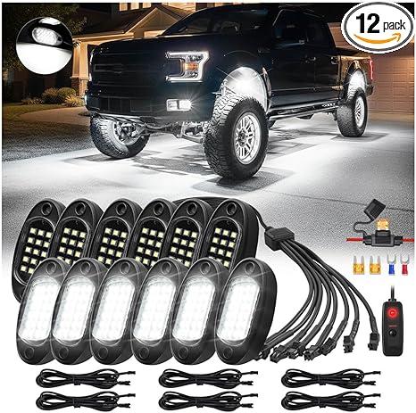 12Pods All Pure White LED Rock Lights Full Kit Plug and Play & Pre Wired 6500K with Switch Wiring Harness Extension Fuse, 180Chips Waterproof Underglow 12V for Trucks Pickup Jeep ATV UTV SXS Offroad