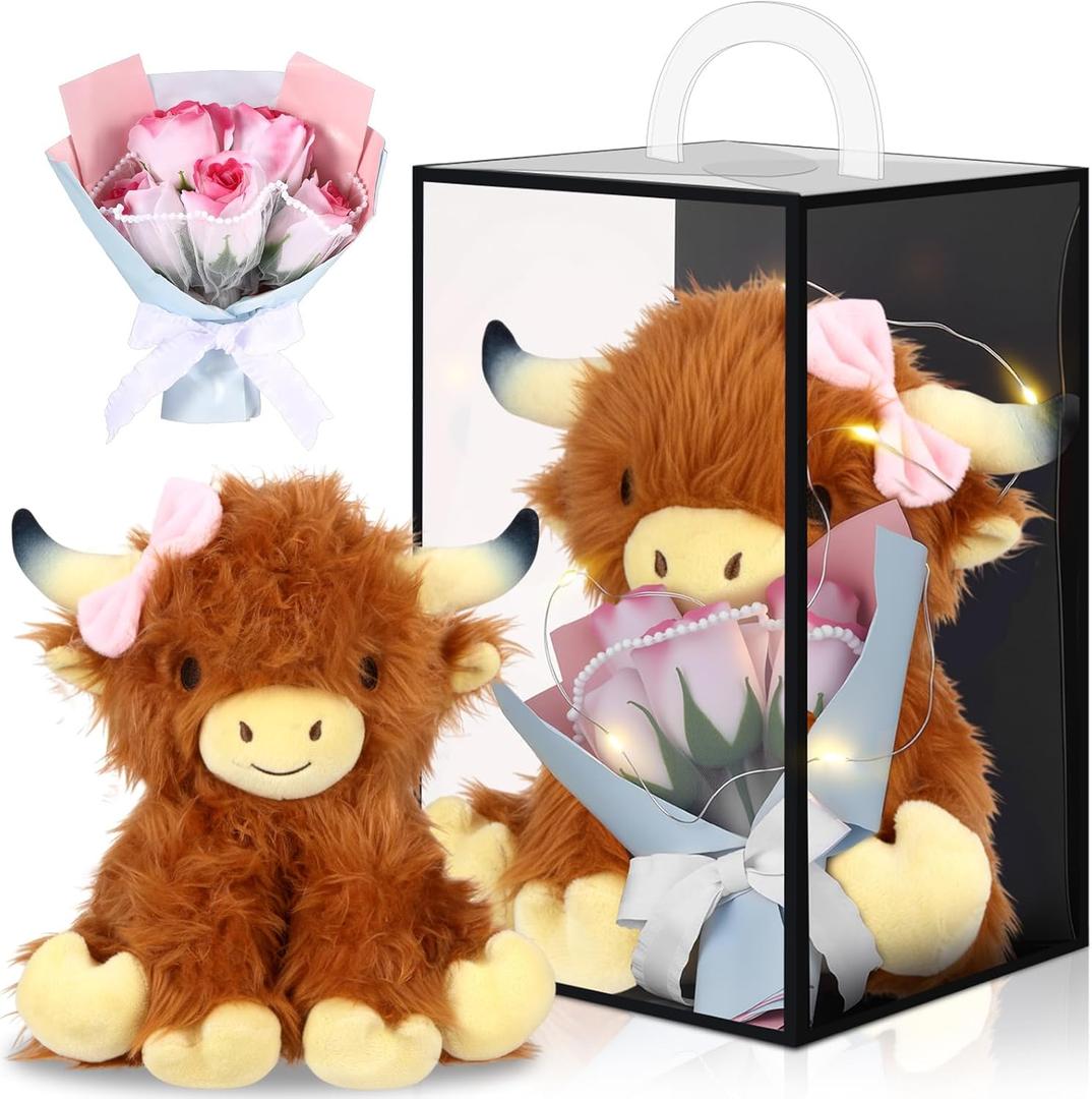 Soulchen 4 Pcs Highland Cow Stuffed Animals Gift Set, 9.45'' Cute Fluffy Bow Cow Plush Toy with Artificial Soap Flower, String Light and Clear Box for Birthday Farm Decoration
