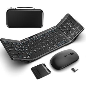 Foldable Keyboard and Mouse, EDJO Folding Keyboard Mouse Combo with Portable Case, 2.4G Wireless & Bluetooth, USB-C Rechargeable Travel Combo for Windows, Mac OS, iOS, Android PC/Laptop (Black)