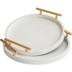2 Piece White Round Serving Tray with Handles, Woven-Texture Faux Leather Ottoman Tray for Living Room, Decorative Tray for Coffee Table Home Decor