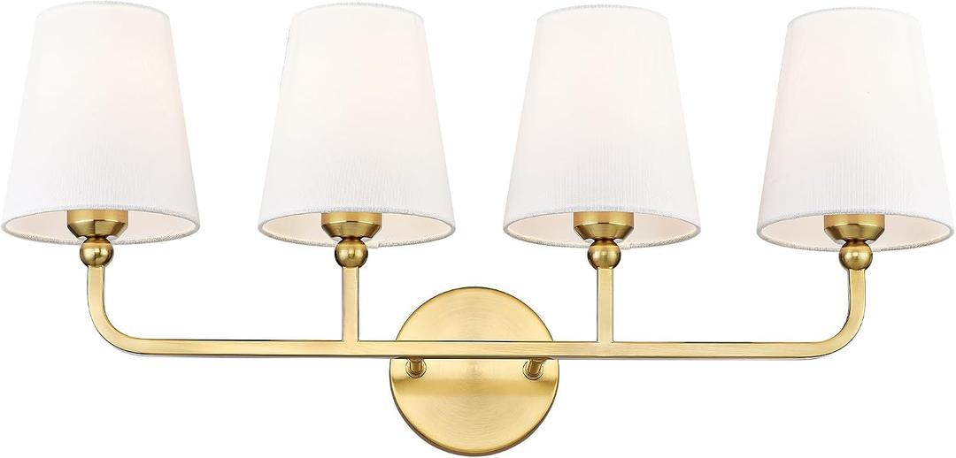 Bathroom Light Fixtures, 4 Light Brushed Gold Vanity Lights with Flared White Fabric Shade, 28 Inch Wall Sconce, Modern Sconces Wall Lighting for Hallway Bedroom, VL837-BG-4