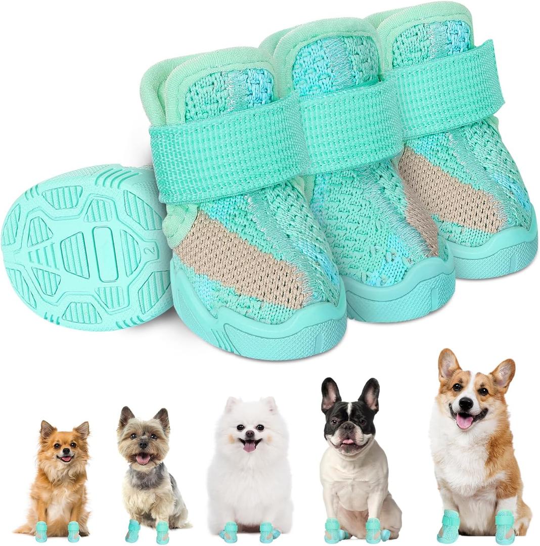 SlowTon Dog Shoes for Small Size Dogs - Soft Rubber Sole Dog Boots & Paw Protector for Summer Hot Pavement Winter Snow Rain, Breathable Dog Booties for Outdoor Walking Indoor Hardwood Floor (Teal, 4) (#4 (Width 1.69 inch) for 16.5-22.0 lbs)