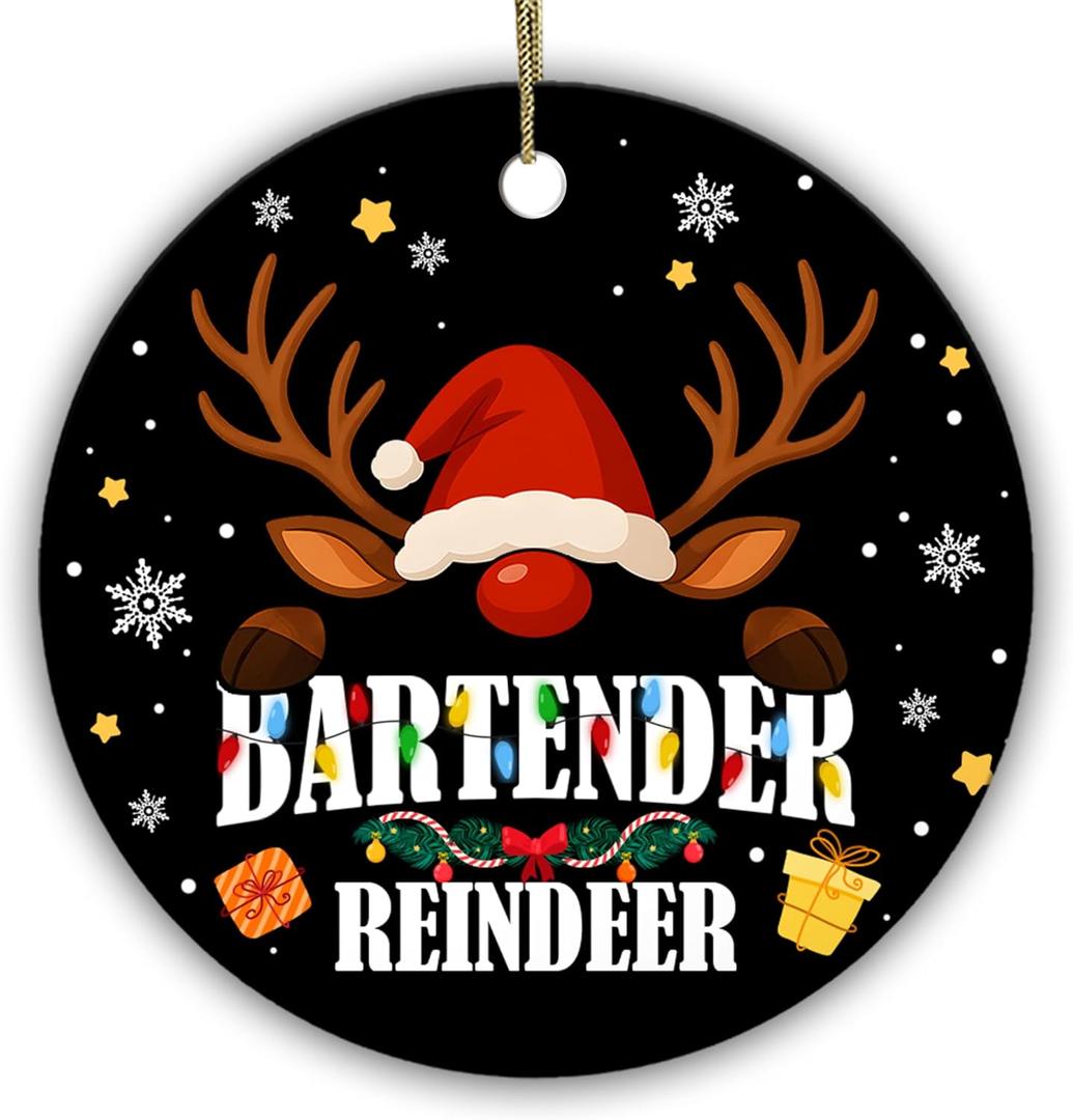 Funny Bartender Christmas Ornament  Reindeer with Santa Hat & Lights  I Am the Bartender Reindeer  Gift for Mixologist, Bar Staff  2.9 Ceramic Tree Decoration for Men & Women