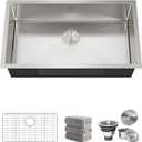 Kitchen Sinks 32x18 Inch Undermount Kitchen Sink Stainless Steel Sink 16 Gauge Single Bowl Set (5 Item Bundle: Sink, Bottom Grid, Drain Assembly, Drain Cap, Towel)