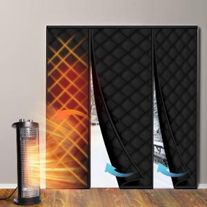 Magnetic Thermal Insulated Door Curtain Fit 64"x80" Door, Curtain Itself Size 66"x81", Thicken Made of Oxford and Cotton Insulated Cover for Winter Sliding, Patio, Black, Minimalism