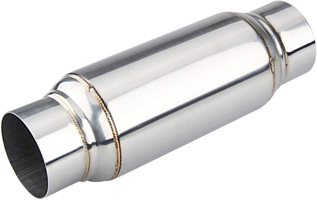 LCGP 3" Inlet Universal Resonator, 3" Outlet 12" Overall Length Stainless Steel Performance Muffler, Polished, Straight Through Design, Deep Tone (silver)