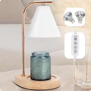 Candle Warmer Lamp with Retro Wooden Base - Home Decor Wax Melt for Small and Large Jar Candles, Candle Heater Lamp with 2 Bulbs, Dimmer and Timer Function-White