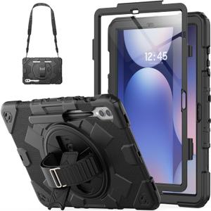 HXCASEAC Case for Samsung Galaxy Tab S10+ Plus / S9 Fe+ / S9+ 5G 12.4 inch Protective with Screen Protector/S Pen Holder/ 360 Rotating Stand Hand Strap - Black