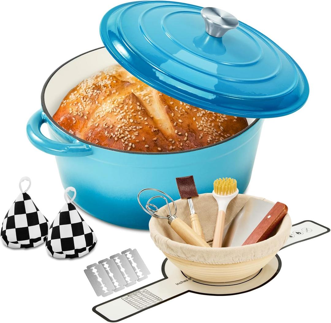 Enameled Cast Iron Dutch Oven with Lid -6.5 QT, incl. Sourdough Bread-Baking Supplies like Banneton Proofing Basket, Heavy-Duty Cookware Bread-Oven for Baking, Stews, and Roasting, Sea Blue